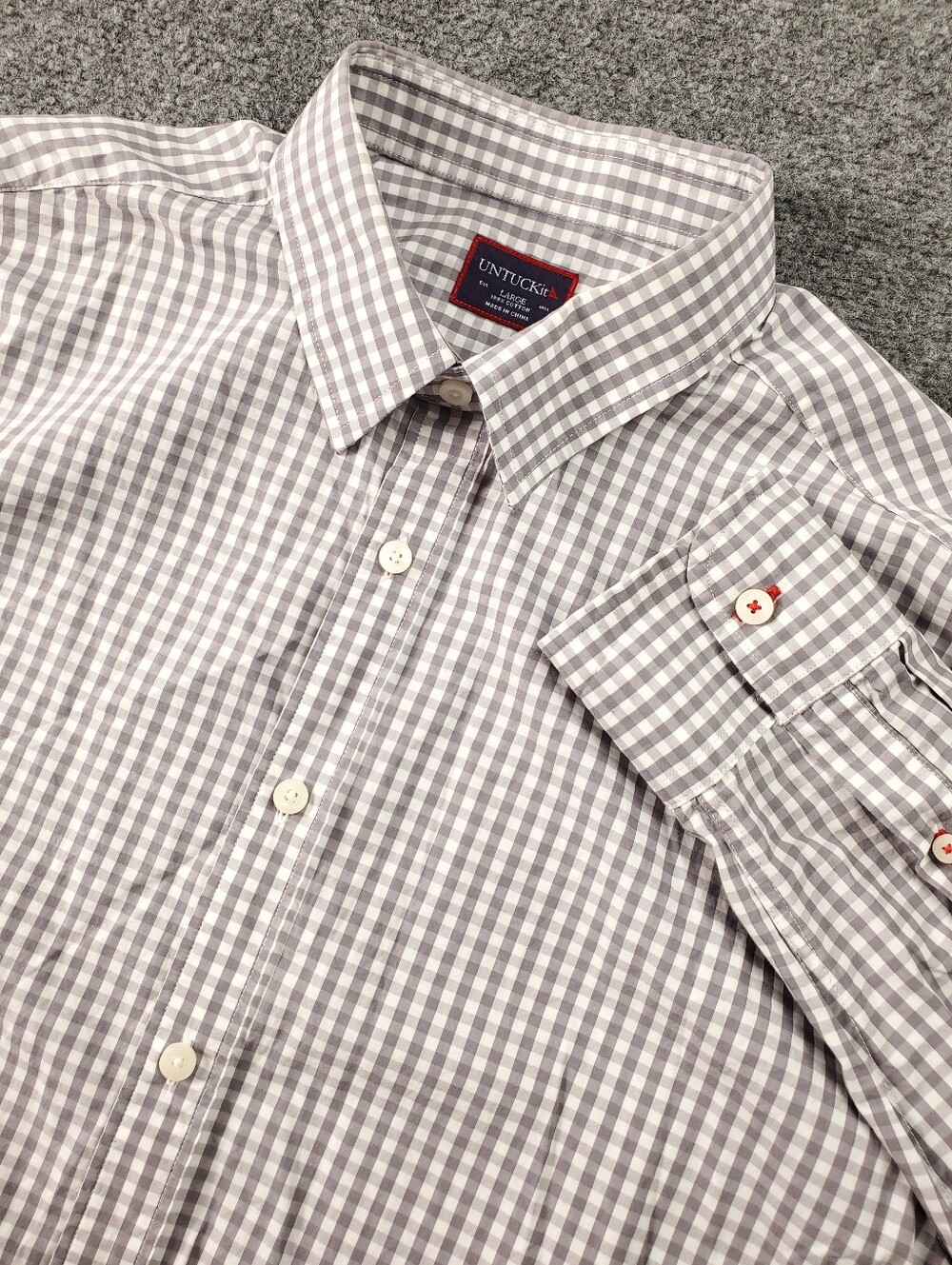 UNTUCKit Dunn Shirt Mens Large Gingham Check Button Up Gray White Cotton